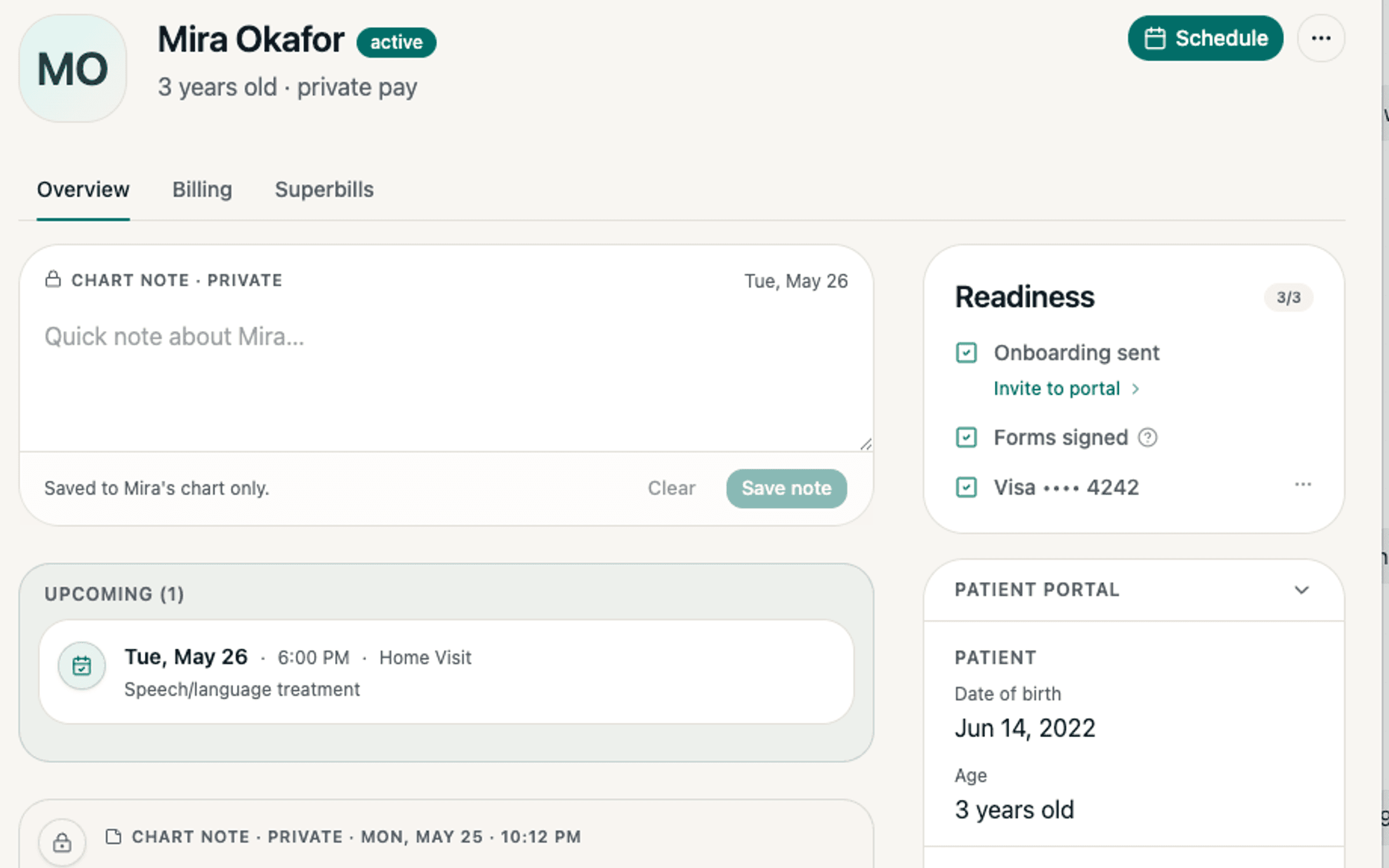 Fledge client record with sessions, chart notes, and billing.