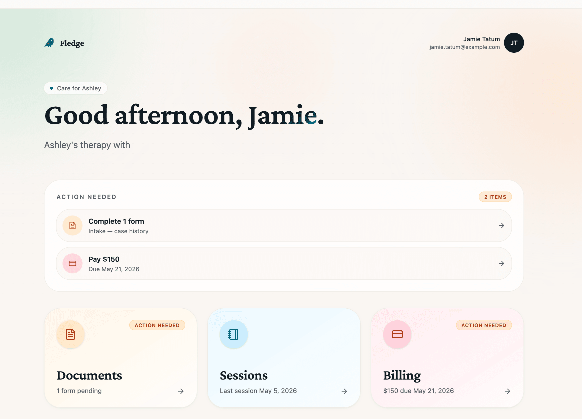 Fledge patient portal — good afternoon, Jamie.