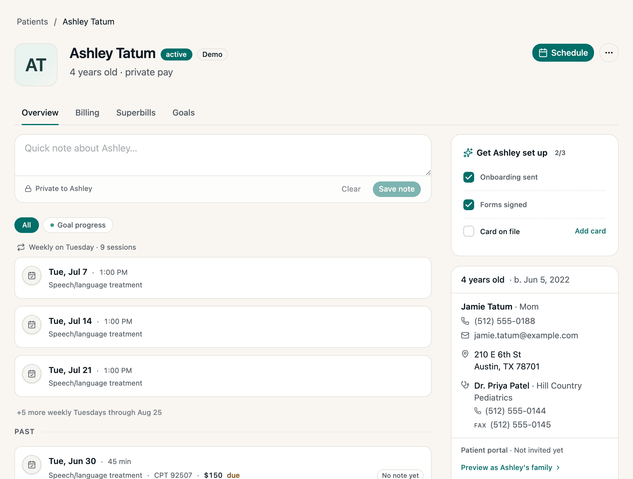 Fledge client record with sessions, chart notes, and billing.