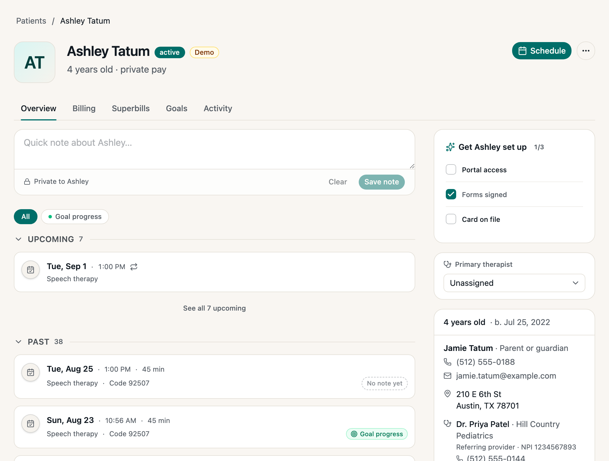 Fledge client record with sessions, chart notes, and billing.