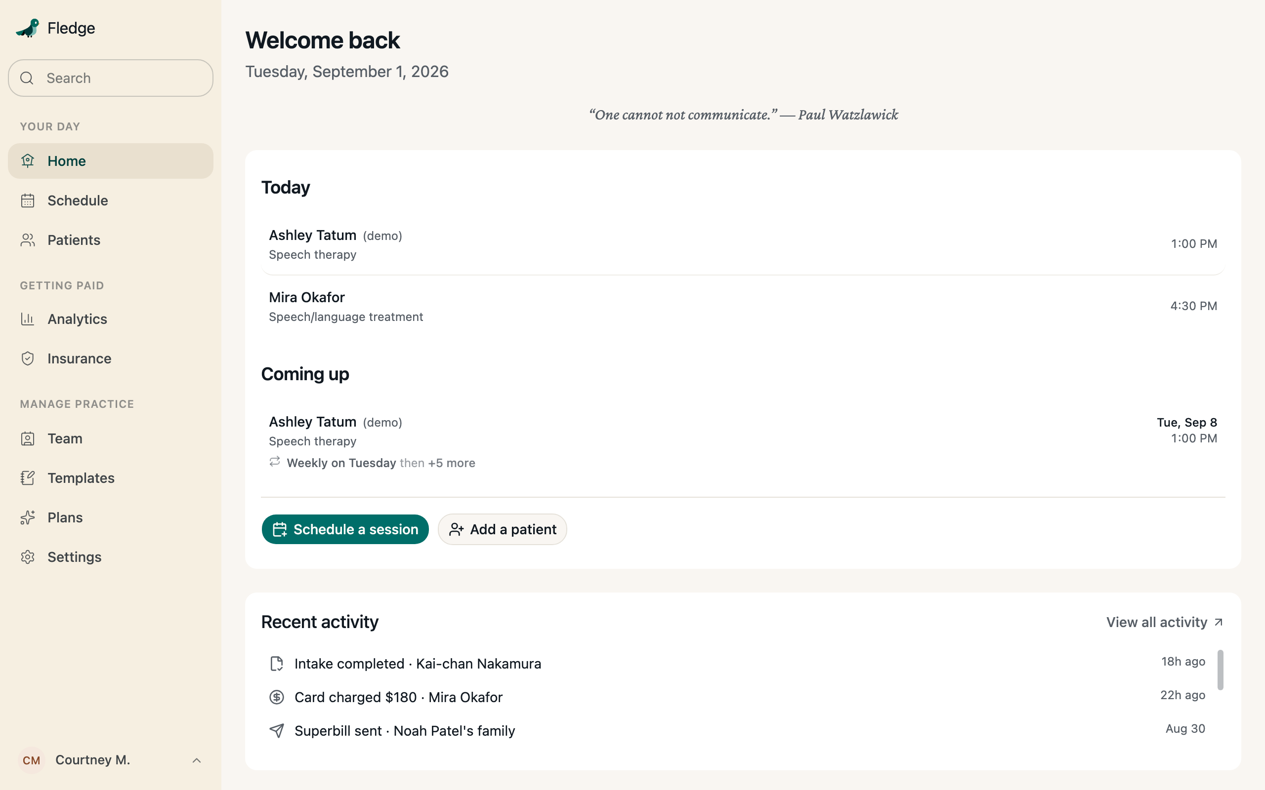 Fledge home — welcome back, today's schedule.